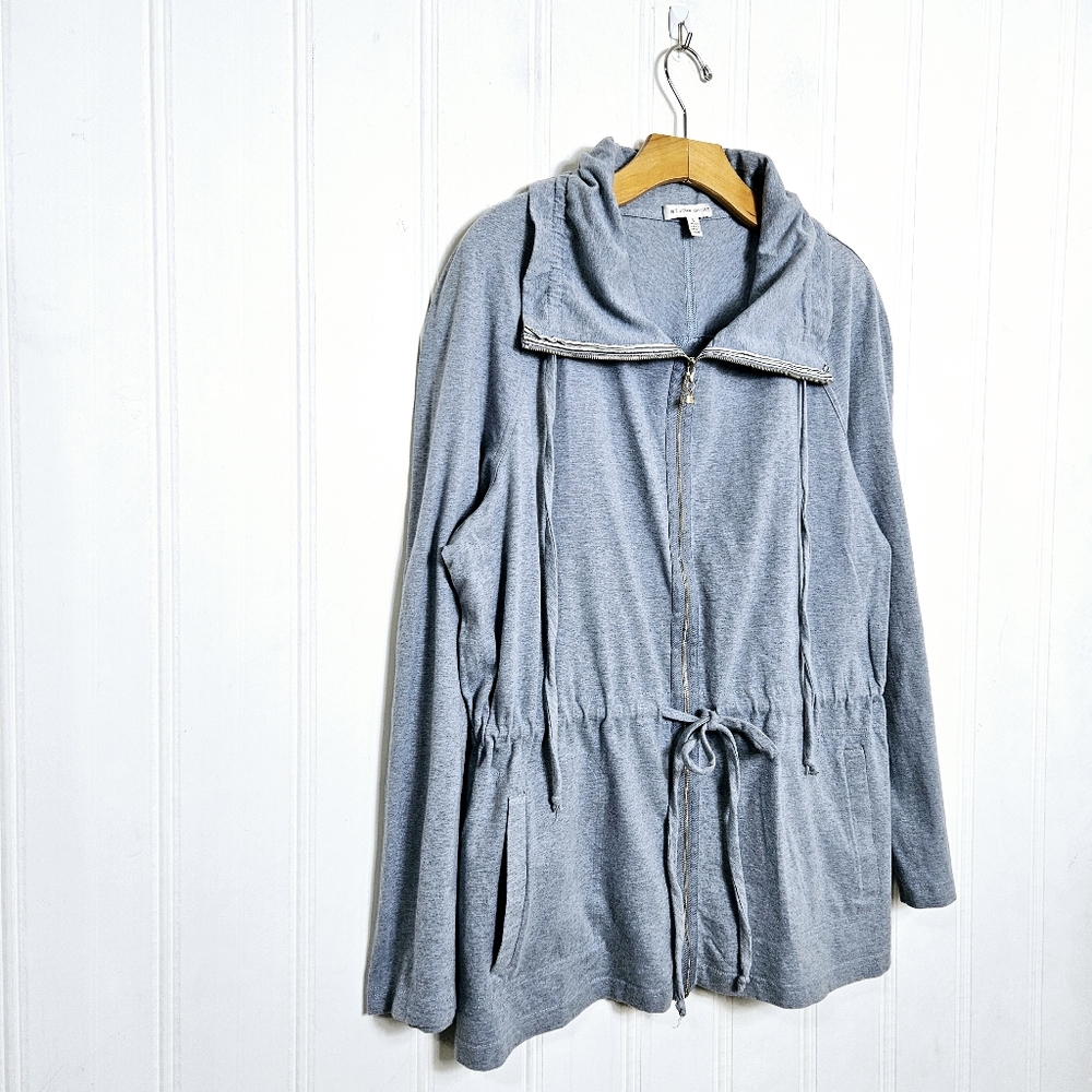 St John Sport Marie Gray Jacket L Hooded Cinch Waist Full Zip Lightweight Blue
